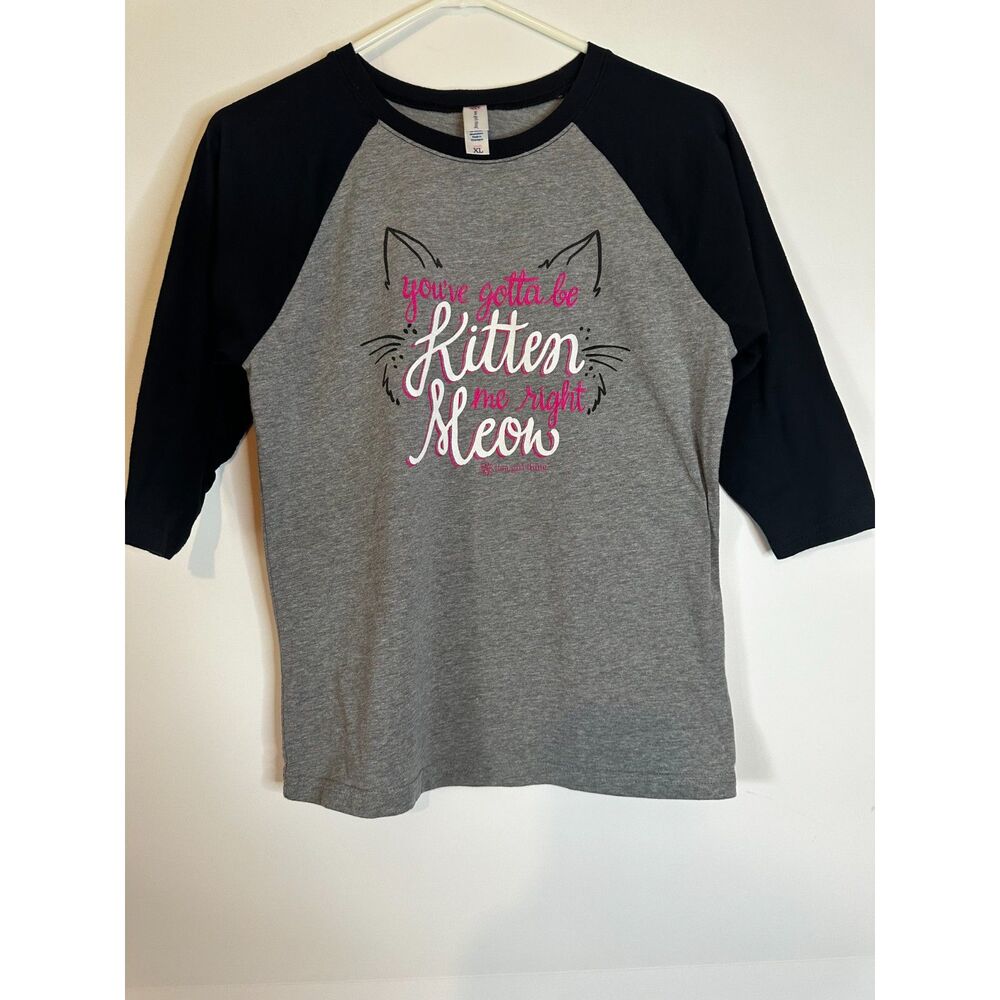 Its a Girl Thing Youth XL Raglan Shirt Cat Graphic Gray Black Sleeve Tee